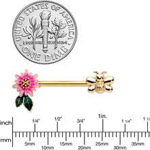 14G 1/2 Gold Tone Pink Flower Bee Barbell Nipple Ring Set