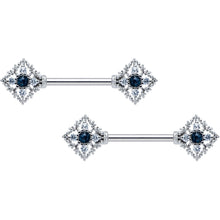 14G 9/16 Clear Blue Gem Textured Rhombus Cross Nipple Ring Set