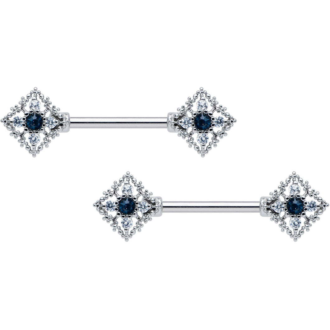 14G 9/16 Clear Blue Gem Textured Rhombus Cross Nipple Ring Set