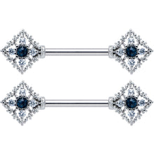 14G 9/16 Clear Blue Gem Textured Rhombus Cross Nipple Ring Set