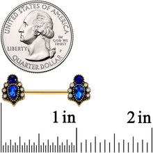14G 9/16 Clear Blue Gem Gold Tone Heirloom Drop Nipple Ring Set