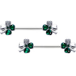 14G 9/16 Clear Green Gem Shamrock St Patricks Day Nipple Ring Set