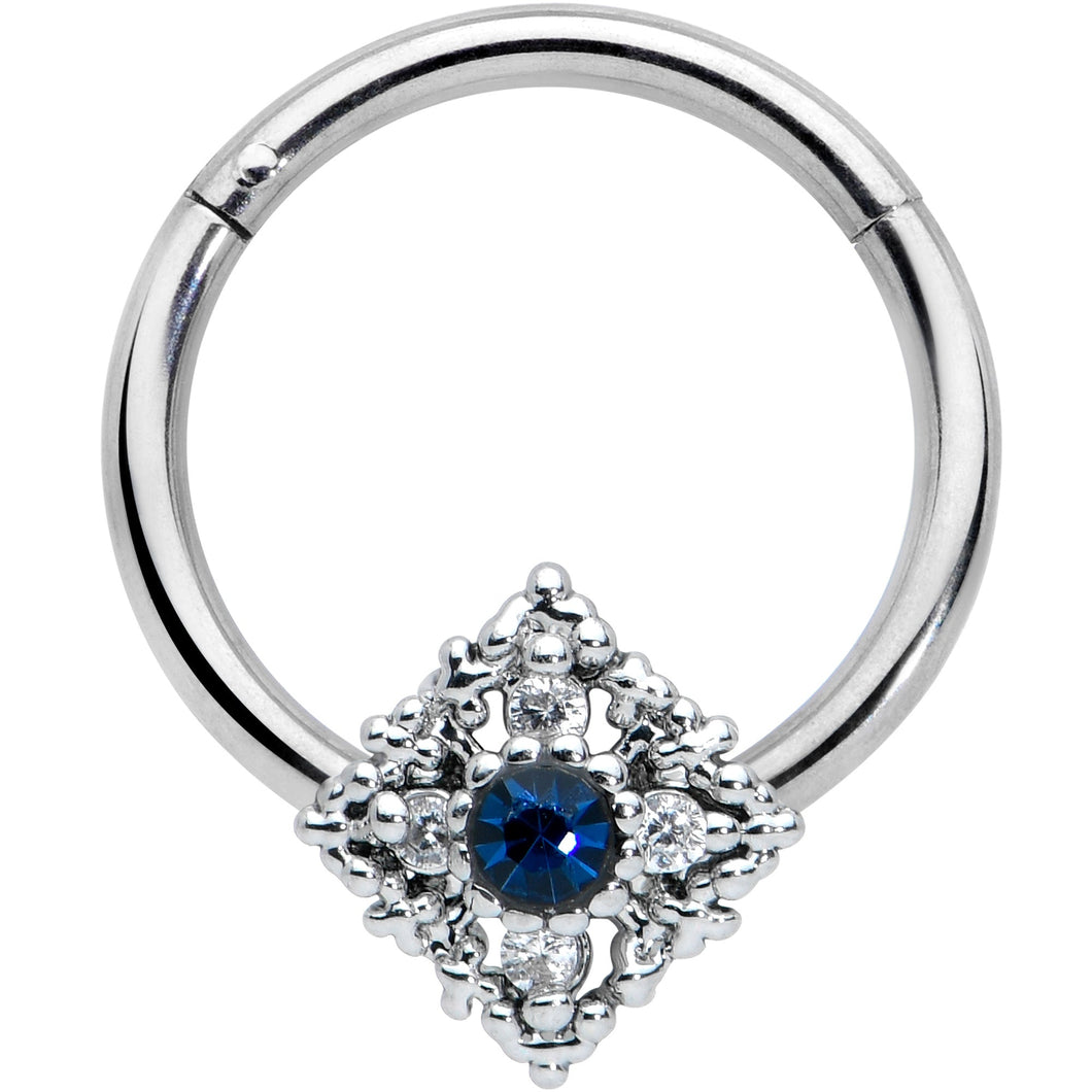 16G 3/8 Clear Blue Gem Textured Rhombus Cross Hinged Segment Ring