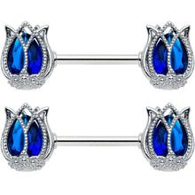 14G 9/16 Blue Gem Tulip Flower Barbell Nipple Ring Set