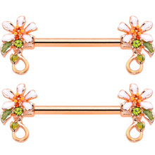 14G 9/16 Green Gem Rose Gold Tone Orange Flower Nipple Ring Set