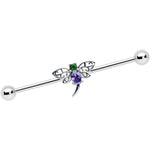 14G Purple Green Gem Dragonfly Industrial Barbell 38mm