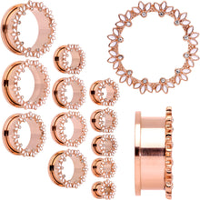 Clear Gem Rose Gold Tone White Leaves Screw Fit Tunnel Plug Set