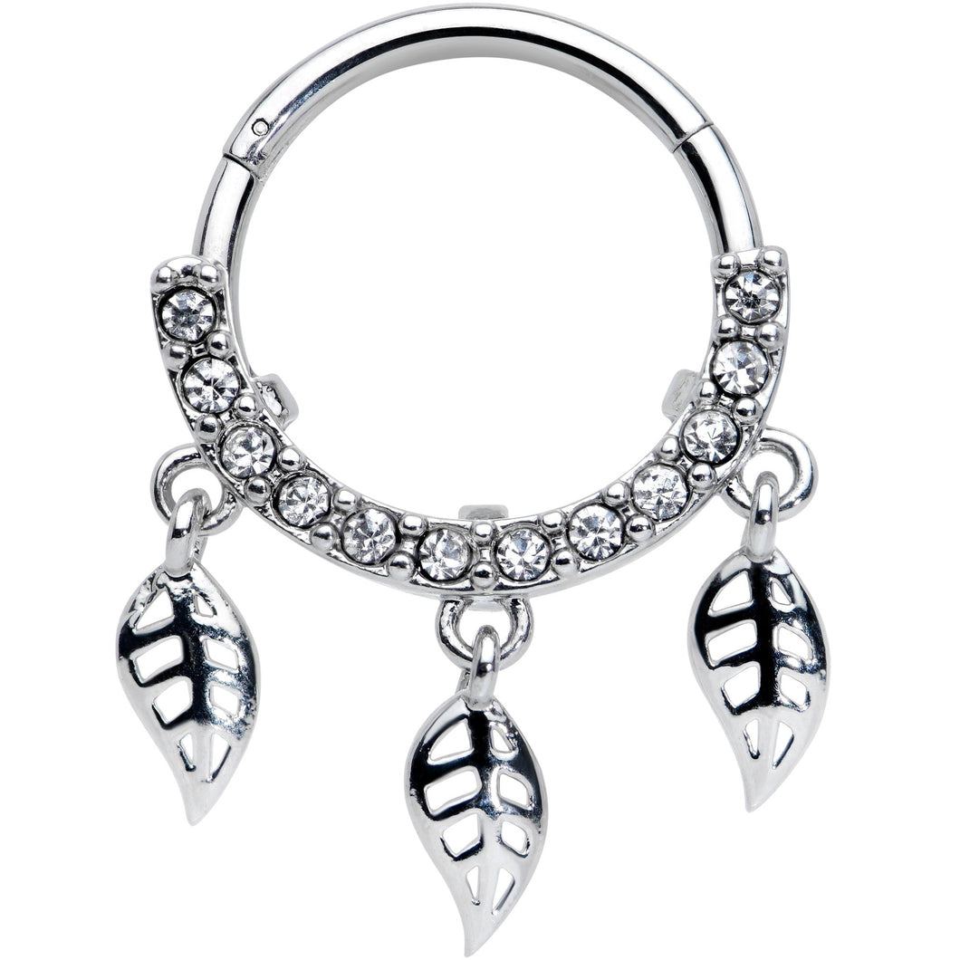 16G 3/8 Clear Gem Open Leaf Dangle Hinged Segment Ring