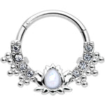 16G 3/8 White Faux Opal Stylized Lotus Hinged Segment Ring