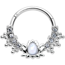 16G 3/8 White Faux Opal Stylized Lotus Hinged Segment Ring