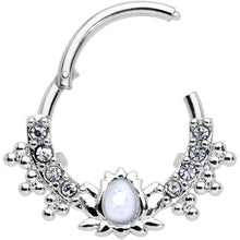 16G 3/8 White Faux Opal Stylized Lotus Hinged Segment Ring