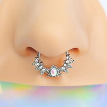 16G 3/8 White Faux Opal Stylized Lotus Hinged Segment Ring