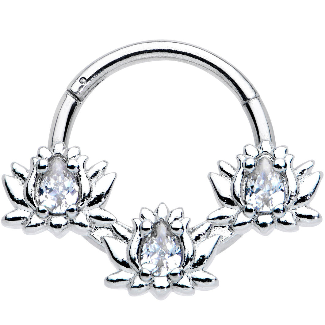 16G 3/8 Clear CZ Gem Triple Lotus Hinged Segment Ring