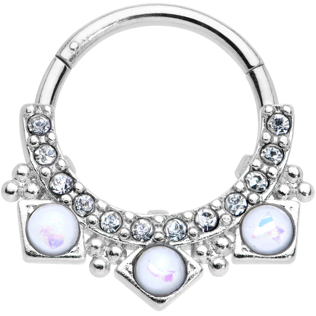16G 3/8 White Faux Opal Squares Hinged Segment Ring
