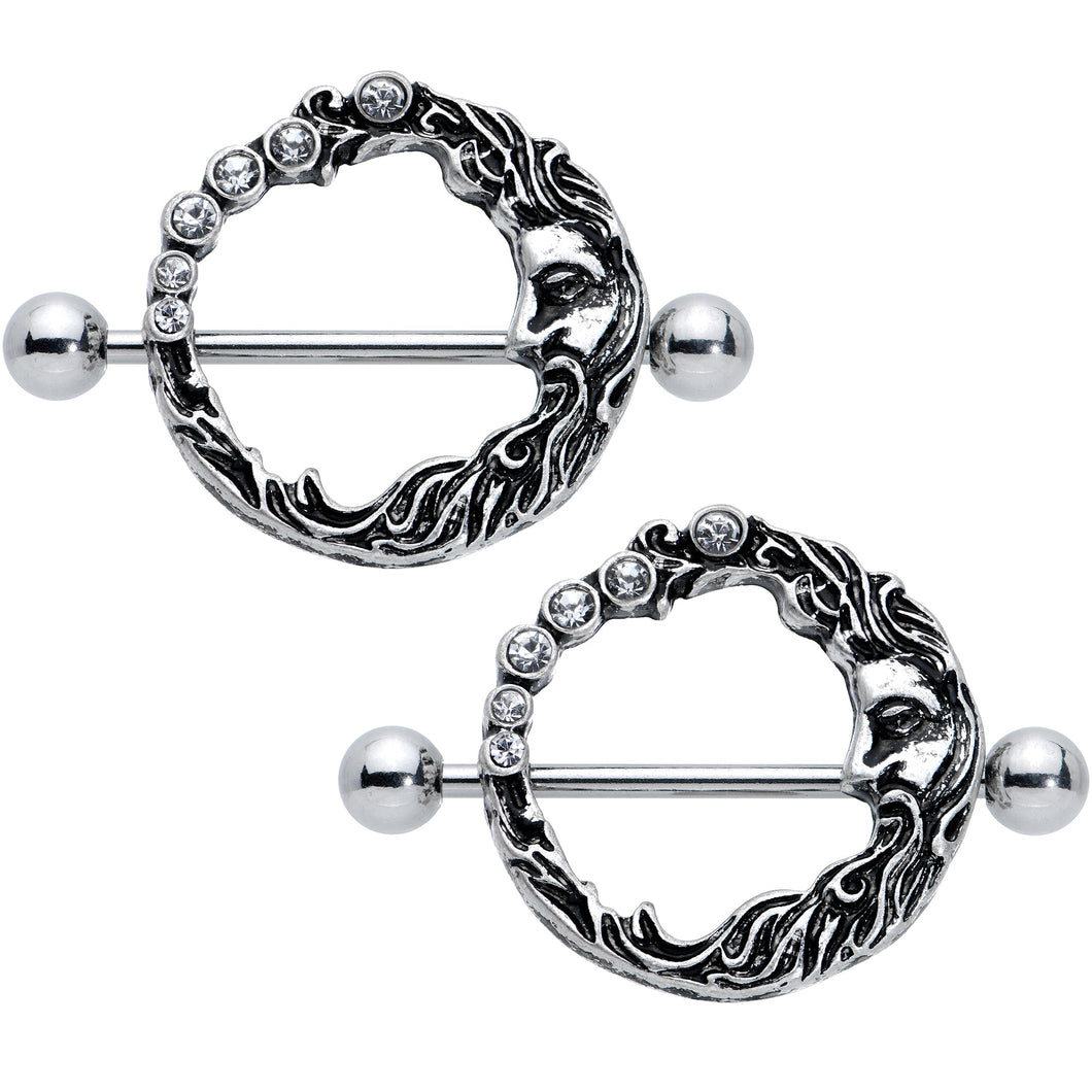 14G 3/4 Clear Gem Face Crescent Moon Nipple Shield Set