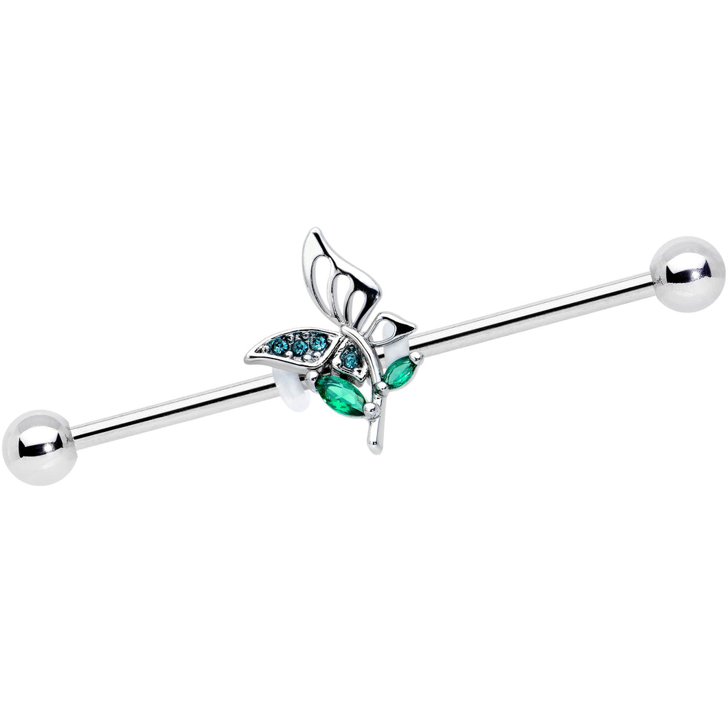 14G Blue Green Gem Floral Butterfly Industrial Barbell 38mm