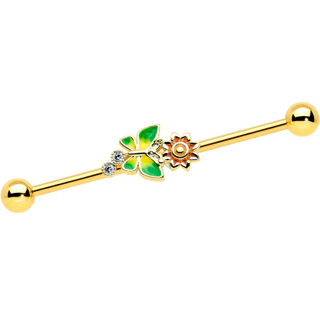 14G Clear CZ Gem Gold Tone Sun Butterfly Industrial Barbell 38mm