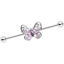 14G Pink Gem Lacy Butterfly Industrial Barbell 38mm