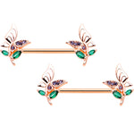 14G 9/16 Rose Gold Hue Purple Gem Flora Butterfly Nipple Ring Set