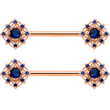 14G 9/16 Blue Gem Rose Gold Tone Wicked Web Nipple Ring Set