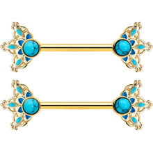 14G 9/16 Blue Turquoise Gold Tone Opulent Bloom Nipple Ring Set