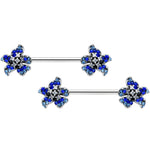 14G 9/16 Clear Blue Gem Evening Flower Barbell Nipple Ring Set
