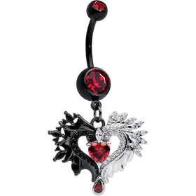 Red CZ Gem Black Elegant Winged Heart Valentines Day Dangle Belly Ring
