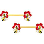 14G 9/16 Yellow Gem Gold Tone Queen Bee Flower Nipple Ring Set