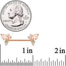 14G 9/16 Clear CZ Gem Rose Gold Hue Butterfly Nipple Ring Set