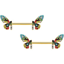 14G 9/16 Red Blue Gem Gold Tone Multi Butterfly Nipple Ring Set
