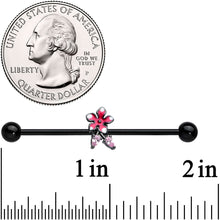 14G Pink Gem Black Fanciful Flower Industrial Barbell 38mm