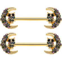 14G 5/8 Aurora Gem Gold Tone Owl Moon Barbell Nipple Ring Set