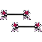 14G 9/16 Pink Gem Black Fanciful Flower Barbell Nipple Ring Set