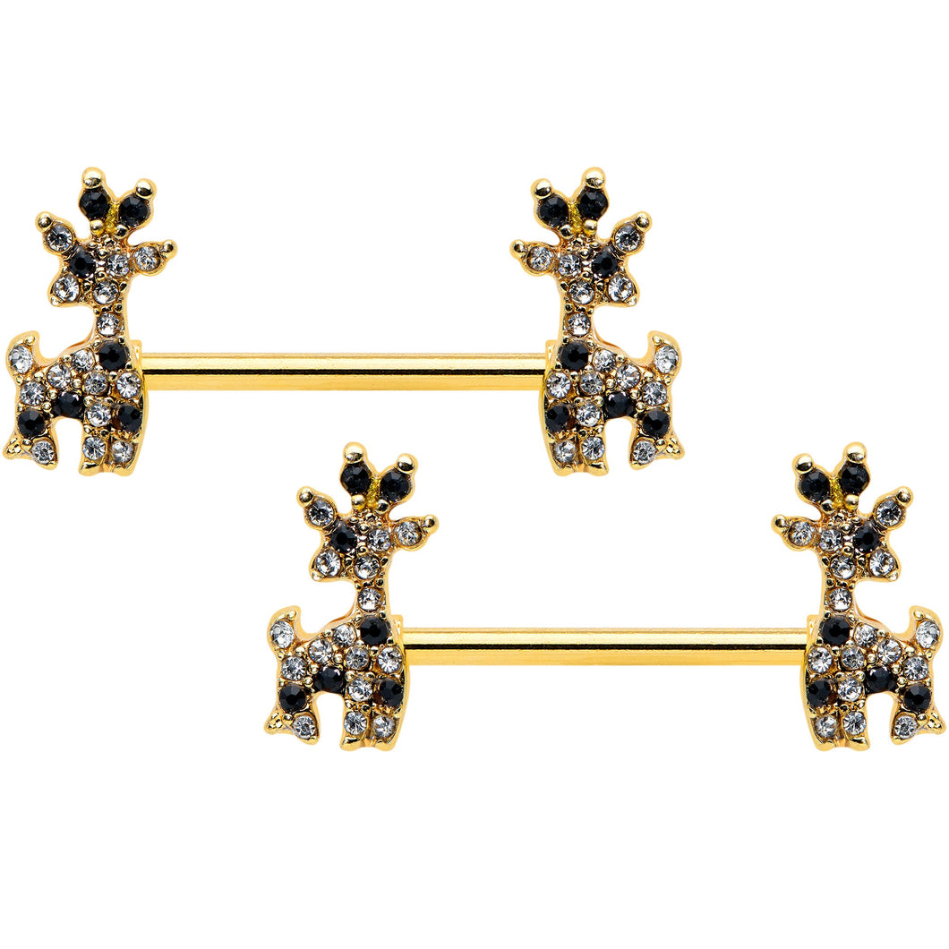 14G 9/16 Black Gem Gold Tone Decadent Deer Nipple Ring Set