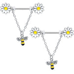 14G 9/16 Clear Gem Daisy Bee Chain Dangle Barbell Nipple Ring Set