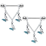 14G 9/16 Blue Gem Open Butterfly Chain Dangle Nipple Ring Set