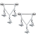 14G 9/16 Clear Gem Open Butterfly Chain Dangle Nipple Ring Set