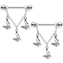 14G 9/16 Clear Gem Open Butterfly Chain Dangle Nipple Ring Set