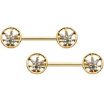 14G 9/16 Clear Green Gem Gold Hue Pot Leaf Circle Nipple Ring Set