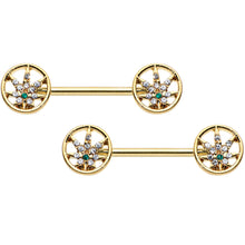 14G 9/16 Clear Green Gem Gold Hue Pot Leaf Circle Nipple Ring Set