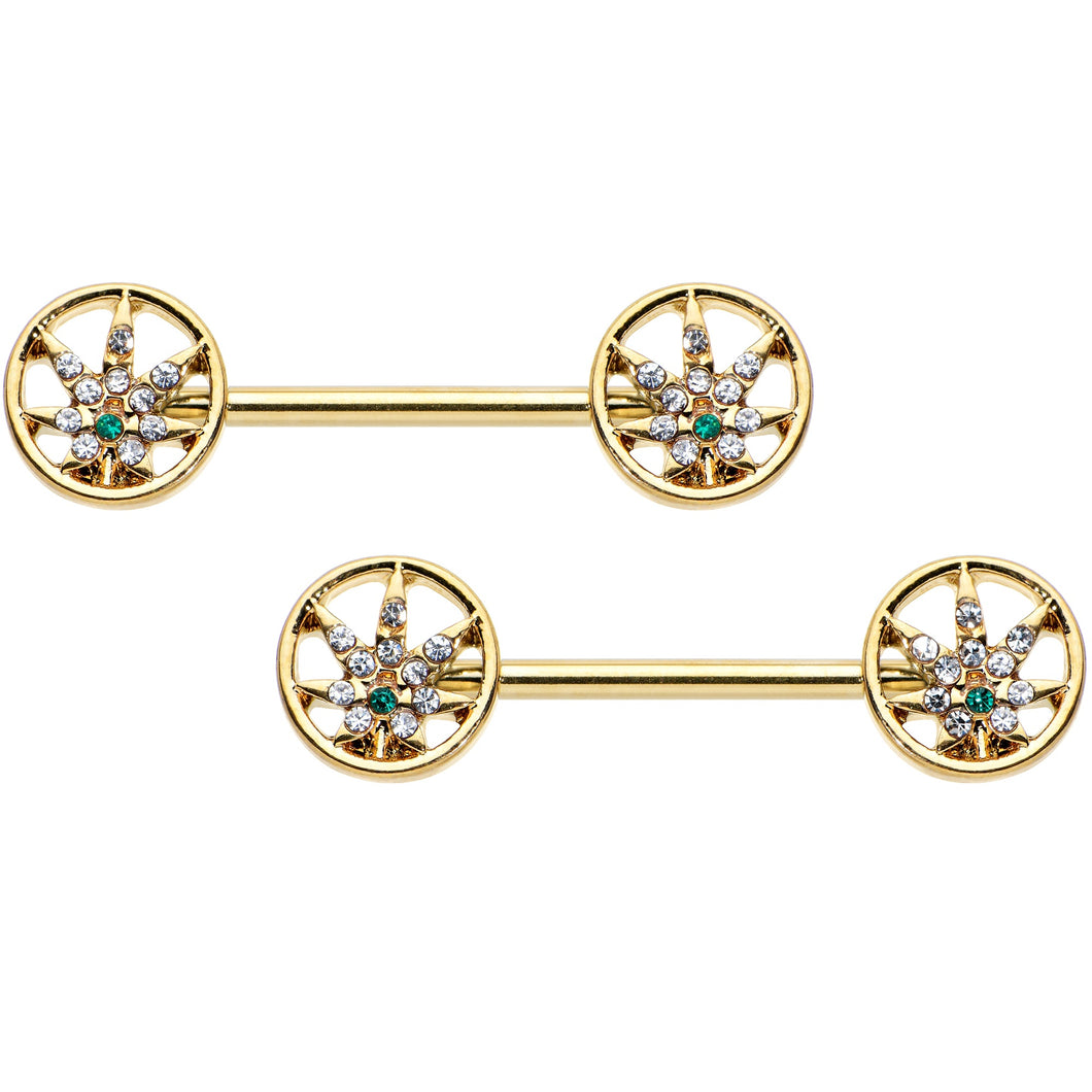 14G 9/16 Clear Green Gem Gold Hue Pot Leaf Circle Nipple Ring Set