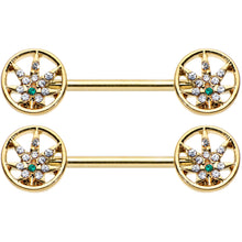 14G 9/16 Clear Green Gem Gold Hue Pot Leaf Circle Nipple Ring Set