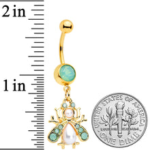 Green White Pearlescent Gem Gold Tone Snow Bug Dangle Belly Ring