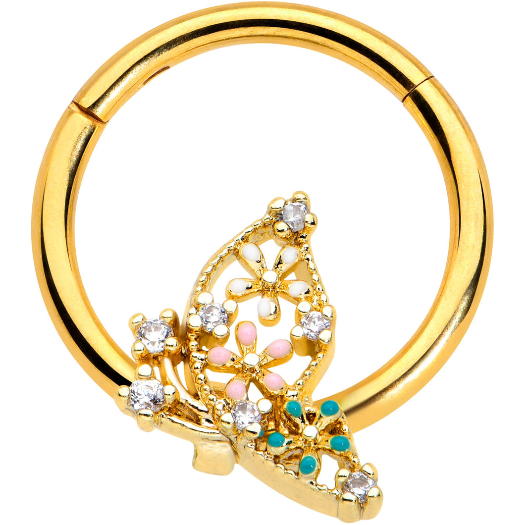 16G 3/8 Clear CZ Gem Gold Tone Abstract Hinged Segment Ring
