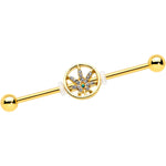 14G Clear Gem Gold Tone Pot Leaf Circle Industrial Barbell 38mm
