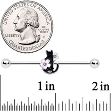 14G Pink Gem Black Cat White Flower Industrial Barbell 38mm