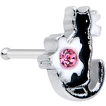 20G 1/4 Pink Gem Black Cat White Flowers Nose Bone