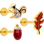16G 5/16 Clear Gem Gold Tone Squirrel Leaf Labret Tragus Set of 3