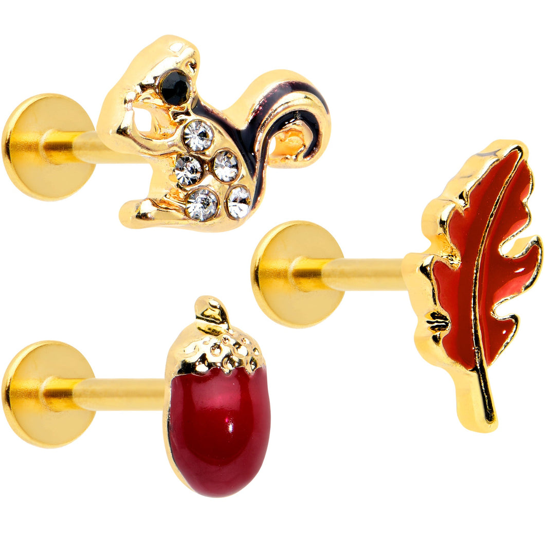 16G 5/16 Clear Gem Gold Tone Squirrel Leaf Labret Tragus Set of 3