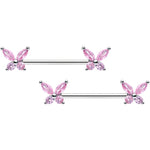 14G 3/4 Pink CZ Gem Butterflies Barbell Nipple Ring Set